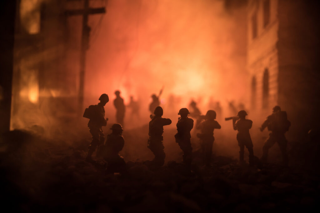 Angry mob in a burning city