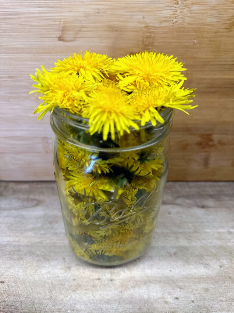 Dandelions in a glass jar.